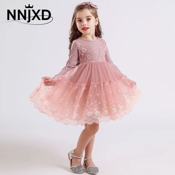 

Soft Cotton Girls Autumn Dress Lace Embroidery Princess Holiday Clothing 3-8Y Winter Flower Long Sleeves Kids Girl Party Dress