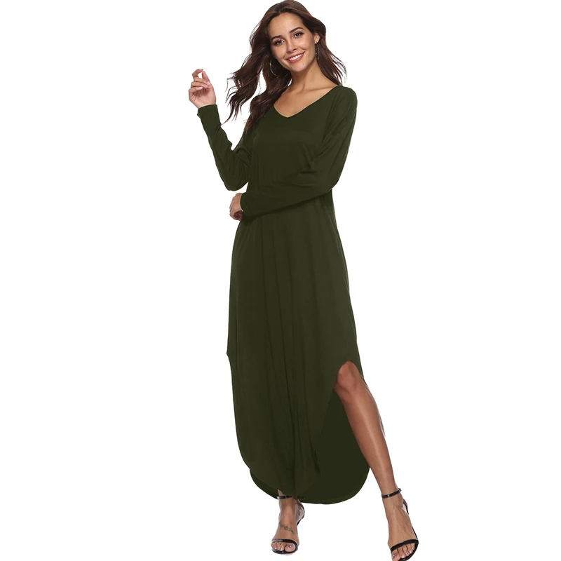 Women's Casual Pockets Long Dress Long Sleeve Split Loose Solid V-neck Maxi Dress Boho Beach Party Long Dress