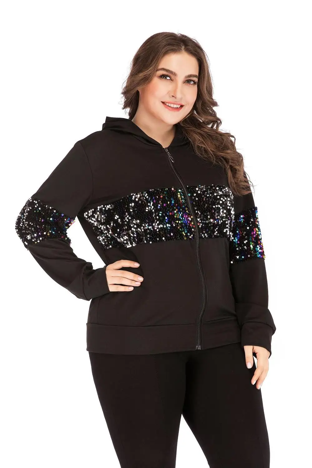 buy  Autumn winter plus size jacket for women large casual loose long sleeve sequin zipper sport short c