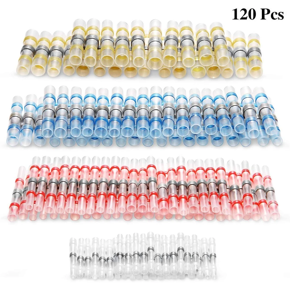 120pcs Automotive Boat Butt Splice Solder Heat Shrink Seal Joint Waterproof Insulated Wire Connector Kit Tube Terminals Marine
