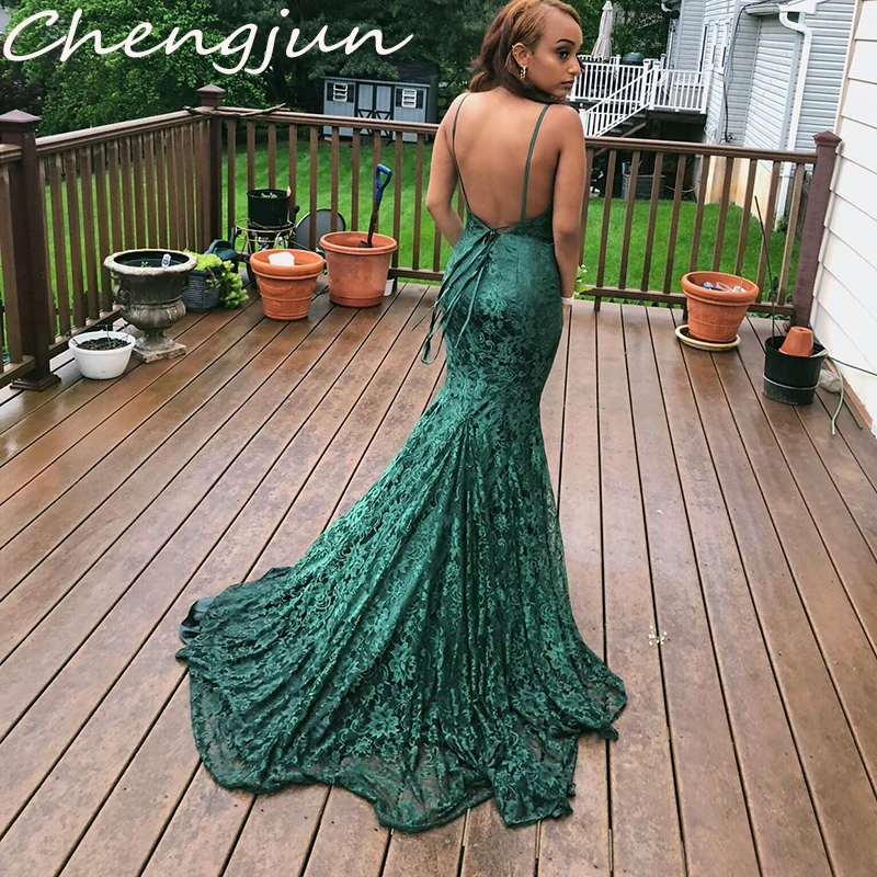 

Chengjun Emerald Green High Quality Women Mermaid Sexy Back Open Evening Dress