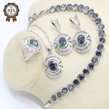 Геометрическая Циркон с радужным блеском набор украшений из серебра 925-й пробы для Для женщин с браслет серьги ожерелье кулон подарочные коробки для колец