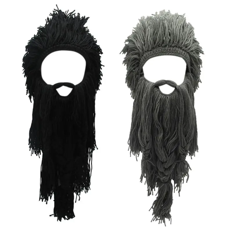 Billig Männer Frauen Barbar Viking Handgemachte Stricken Perücke Hut mit Abnehmbaren Langen Gefälschte Bart Lustige Verrückte Halloween Cosplay Warm Beanie Cap