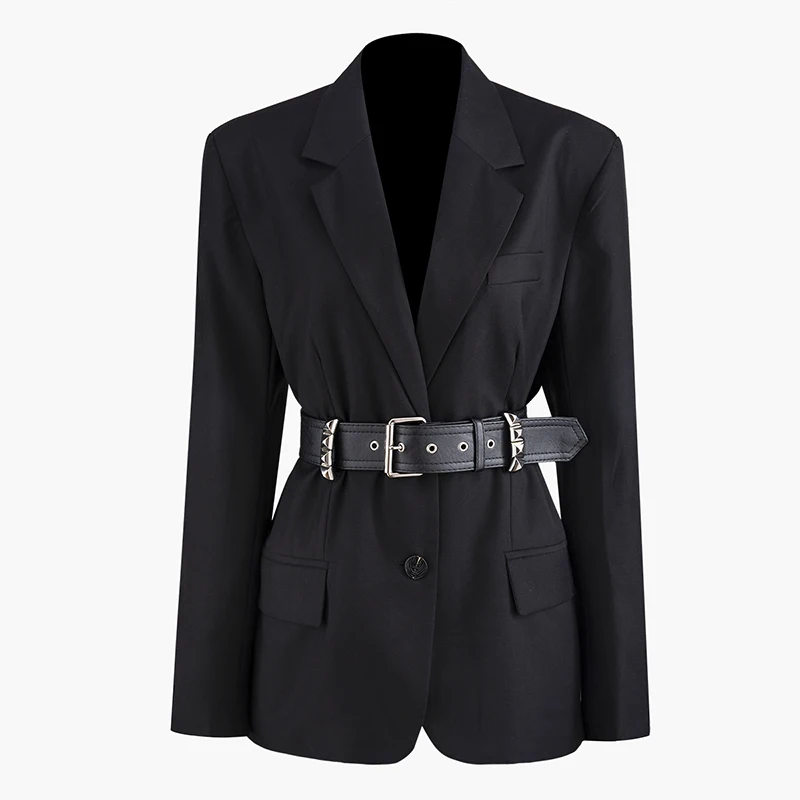 

Black Classic Suit with Belt, Dark Wind, All-in-One Korean Closed-waist Suit with Long SleevesC1009