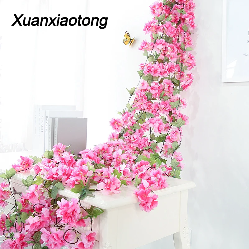 

Xuanxiaotong Pink Cherry Blossom Rattan Artificial Flower Vine for Party Wedding Arch Ceiling Decoration Home Wall Hanging Decor