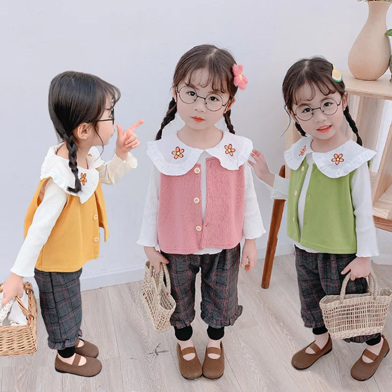

2020 Spring And Autumn Children Long-sleeved Cardigan Waistcoat New Style Girls Korean-style Vest Plaid Trousers Three-piece Set