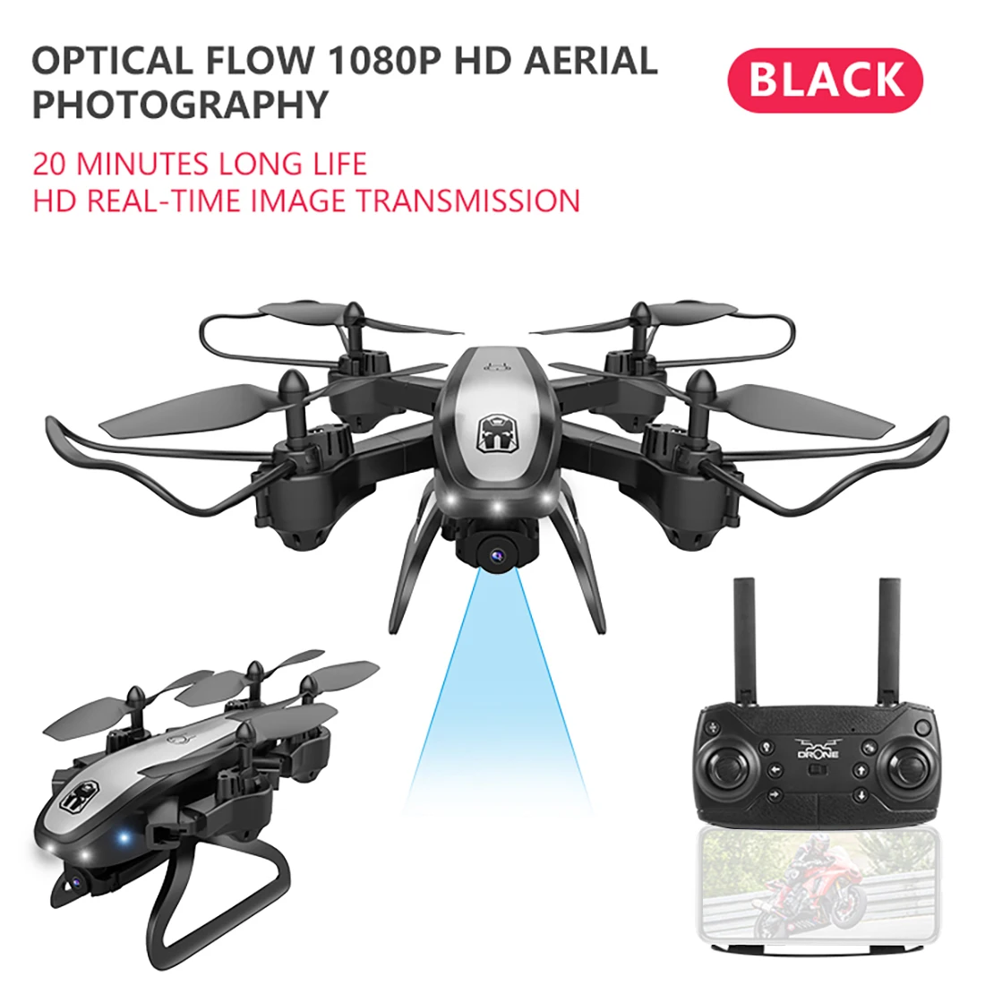 KY909 4K HD камера Дрон FPV Wi-Fi оптическое позиционирование потока RC Квадрокоптер самолет в сложенном виде Высота удерживает длительный срок службы батареи детские игрушки - Цвет: 1080P Camera Black