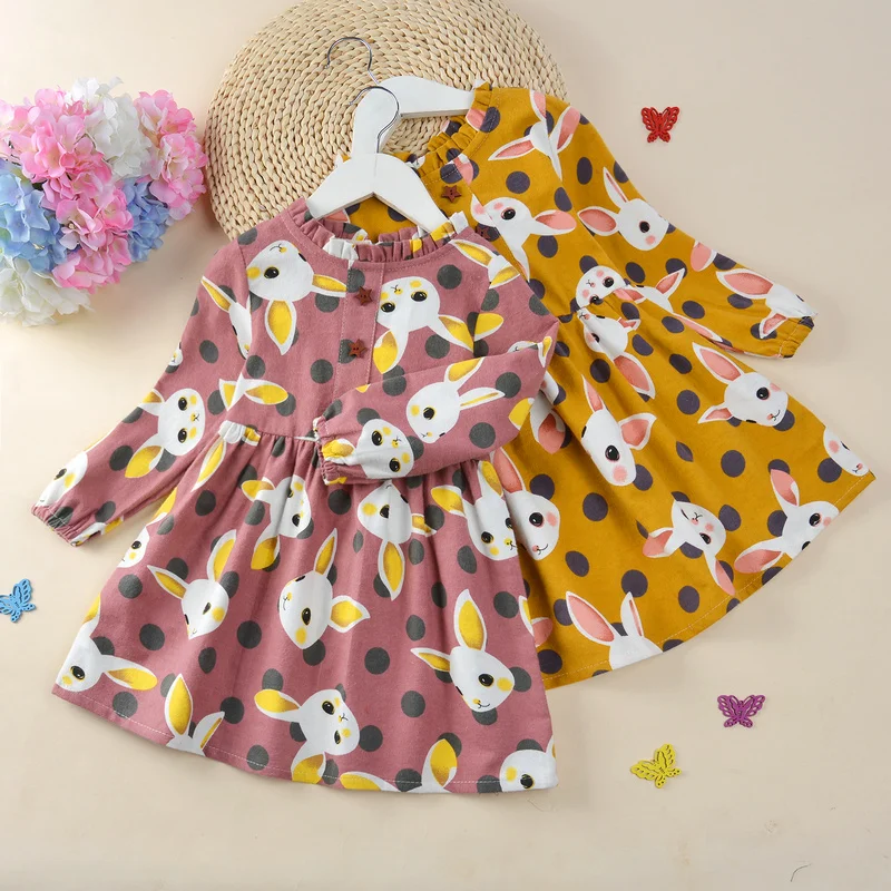 

New Autumn Spring Cotton Toddler Girls Dress Long Sleeve Rabbit Floral Plaid Designer Kids Winter Clothes