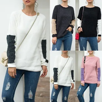 

Long Sleeve O Neck Fashion Loose Harajuku Women Casual O-Neck Pullover long Sleeve Patchwork Loose Knitted Sweater Tops