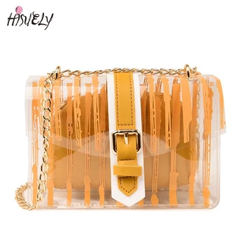 

HISUELY 2020 Summer Striped Clear Transparent PVC Women Messenger Crossbody Bag Chains Candy Color Jelly Beach Bag 2Pcs Handbag