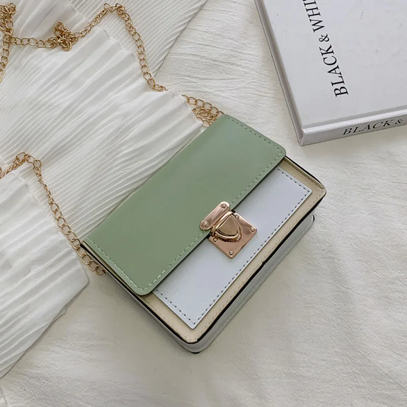 Mara's Dream Women's New Zipper Small Square Bag Korean Version Of The Tide Contrast Color Slanting Shoulder Bag Chain Bag - Цвет: F green with white