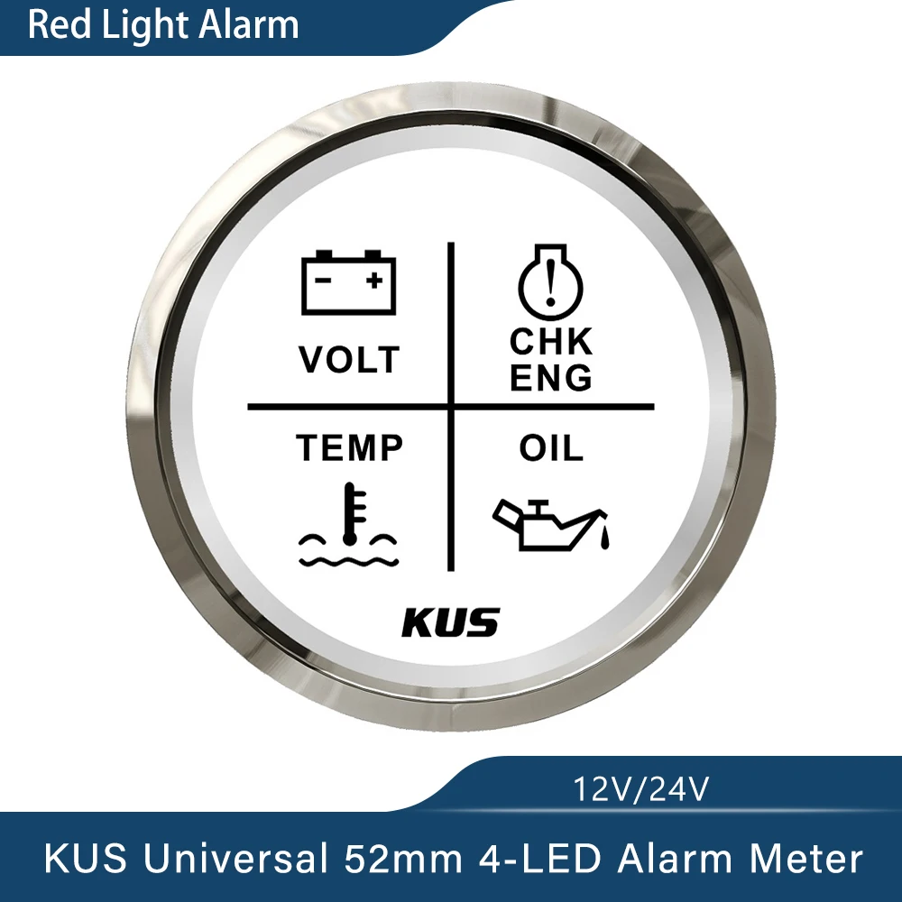 KUS-indicador de alarma de 52mm, medidor de 9 ~ 32V, temperatura de aceite/agua/motor de control, 4 LED, indicador de alarma, apto para coche, barco con retroiluminación