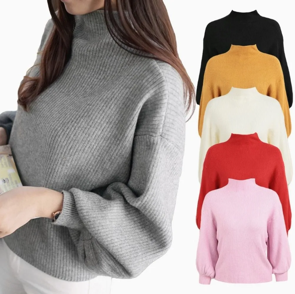 

Women Oversize Basic Knitted Turtleneck Lantern Sleeve Winter Sweater Female Solid Turtleneck Collar Pullovers Warm 2019 New