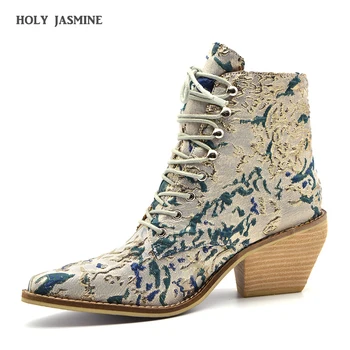 

Genuine2020 New Winter Ladies Luxury Ankle Boots Handmade Stilettos Wedge Satin Pattern Fashion Style High (5cm-8cm) Pointed Toe