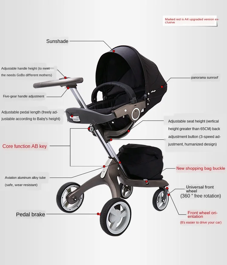 S High View Four Wheel Baby Stroller Can Sit and Lie In Luxurious Folding Two-way Shock Absorber for Children Baby Carriage