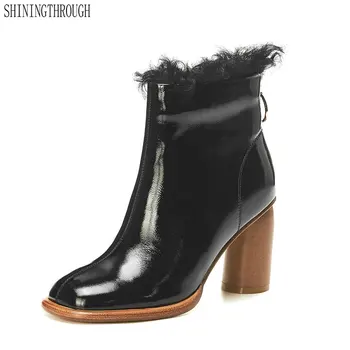 

Brand Winter Women Warm Ankle snow Boots Fashion High Heels Party Prom Shoes Woman Genuine Leather square Toe Chelsea Boots