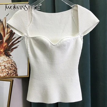 

Twotwinstyle Casual Knitting Shirt Women Square Collar Short Sleeve Slim Tunic Blouse Female Fashion Clothing 2020 Spring