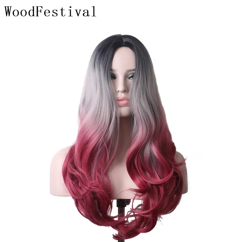 

WoodFestival Colored Synthetic Wigs for Women Heat Resistant Female Green Pink Red Purple Black Ombre Wavy Cosplay Wig Long Hair