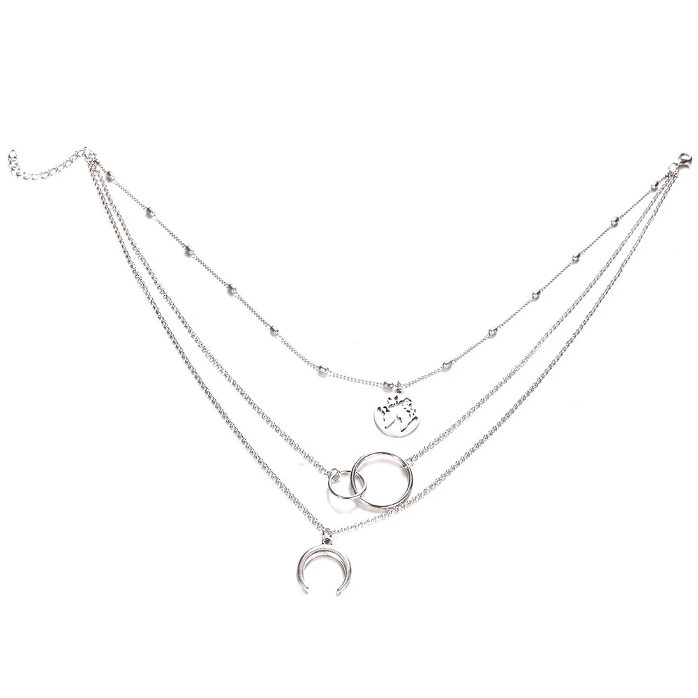 Новая мода ретро Луна карта мира круг кулон многослойный серебряный ожерелье вечерние ювелирные изделия аксессуары рождественские подарки для женщин