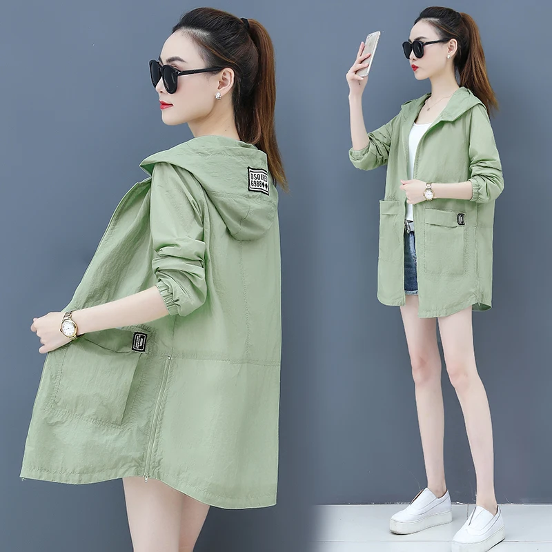 

Women's Jacket Spring Autumn New Hooded Long-Sleeved Casual Windbreaker Jacket Female Long Section Loose Thin coat Tops NS4359