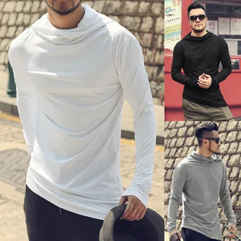 

ZHIJING Long-sleeved T-shirt Hiphop Heap Collar T-shirt Long Sleeve Solid Color Short Sleeved Clothes Men T Shirt