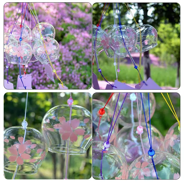 Romantic Chimes Crafts Japanese Cherry Blossom Glass Wind Chimes Bells Home Garden Office Ornament Window Hanging Decor  4
