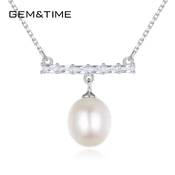

Gem&Time Freshwater Pearls With Clear CZ Pendant Necklace For Women Female 925 Sterling Silver Chian Charm Original Fine Jewelry