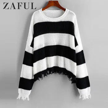 

ZAFUL Two Tone Striped Drop Shoulder Sweater Autumn Warm Multi Contrast Women Sweater Asymmetrical Frayed Hems Pullovers Sweater