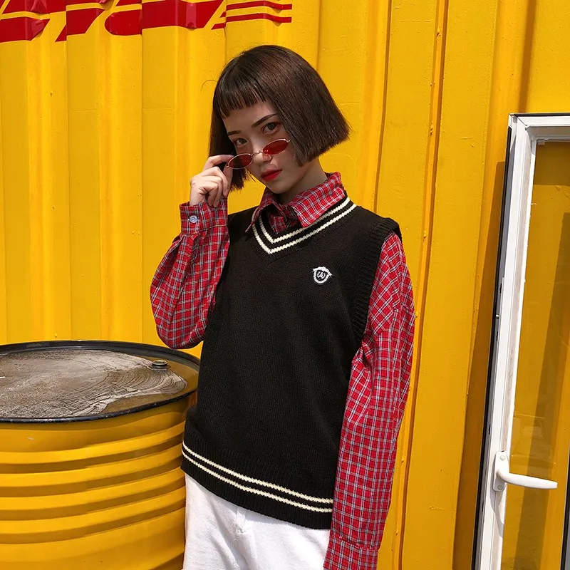 Жилеты женские с v-образным вырезом в полоску Kawaii Harajuku корейский стиль трикотажные студенческие простые универсальные повседневные женские пуловеры шикарные Горячие