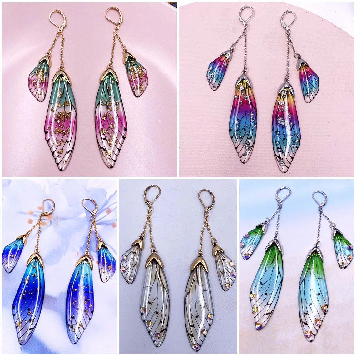 Sweet Fairy Cicada Butterfly Wings Earrings Fantasy Tassel Jewelry Gradient Colorful Rhinestone Sequins Long Drop | Украшения и