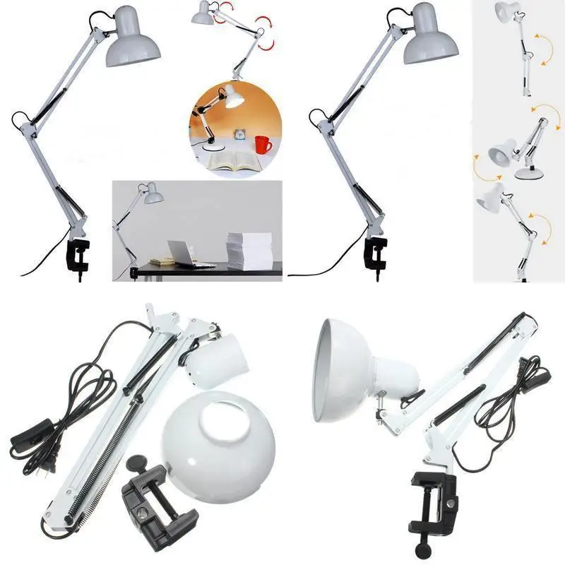 

E27 LED Desk Lamp Toggle Switch Lighting Classic Swing Arm Bedside Lamp Lights White Adjustable Bedroom Table Light Office