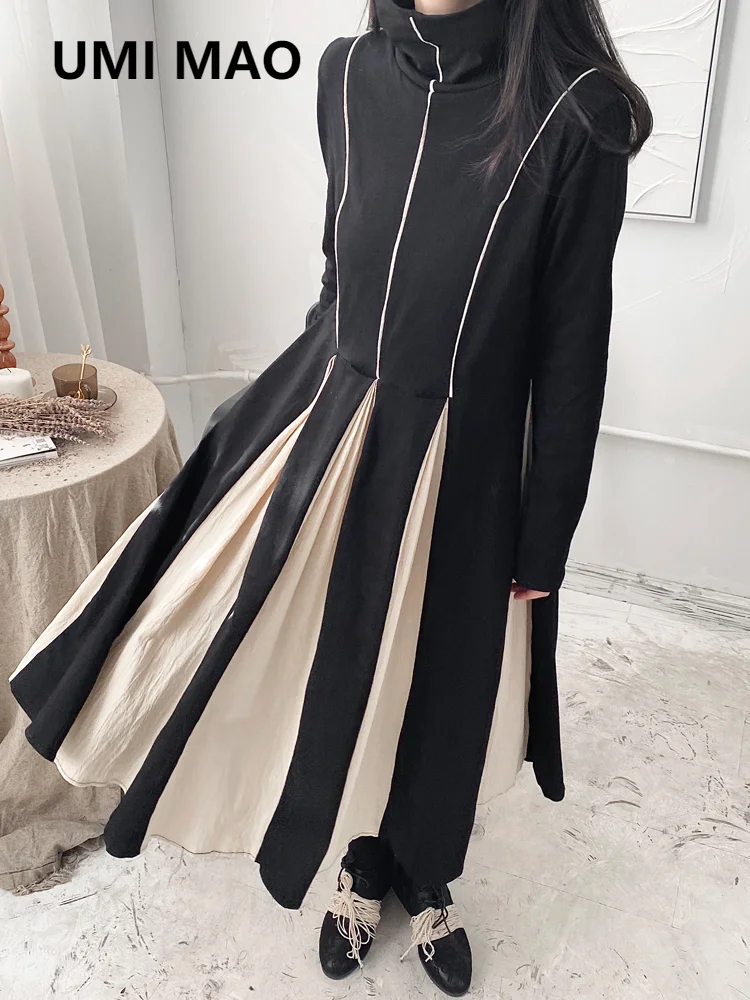 

UMI MAO Spring New Yoji Yamamoto Style Niche Dark Maxi Long Dress Women Stitching Small High Collar Loose Dress Black Female