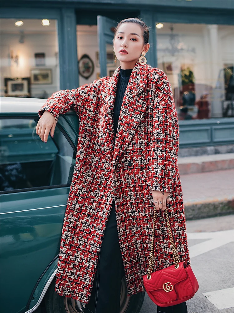 

2019 Winter Tweed Woolen Coat Women New Long Loose Plaid Wool Blends Coats Female Single Breasted Plus Size Blazer Outwear