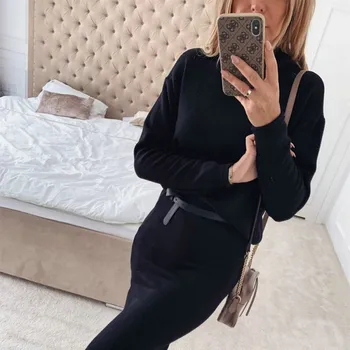 

Tow Pieces Women Dress Suit Solid Turtleneck Tops With Elastic Waist Dress Office Lady Dress Suits