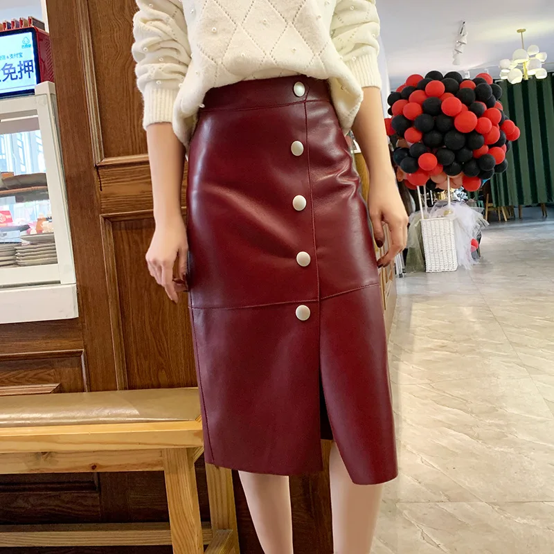 

Chic OL leather pencil skirt 2021 spring women's high quality genuine leather elegant skirts C534