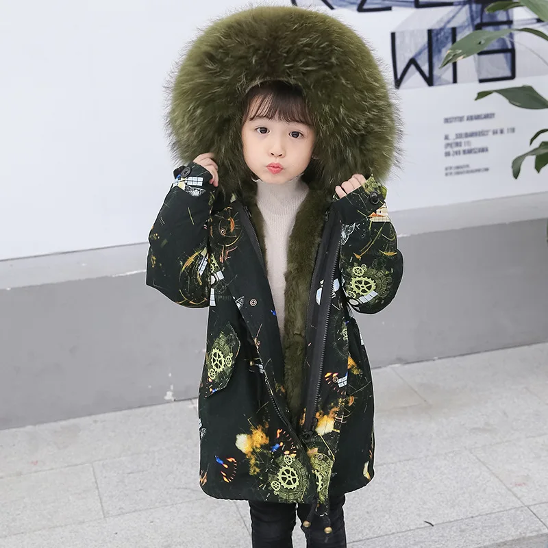 Пальто с мехом для девочек, парки зимняя куртка пальто для мальчиков большой воротник из натурального меха енота, натуральная подкладка из кроличьего меха Рекс, Длинная Верхняя одежда TZ339