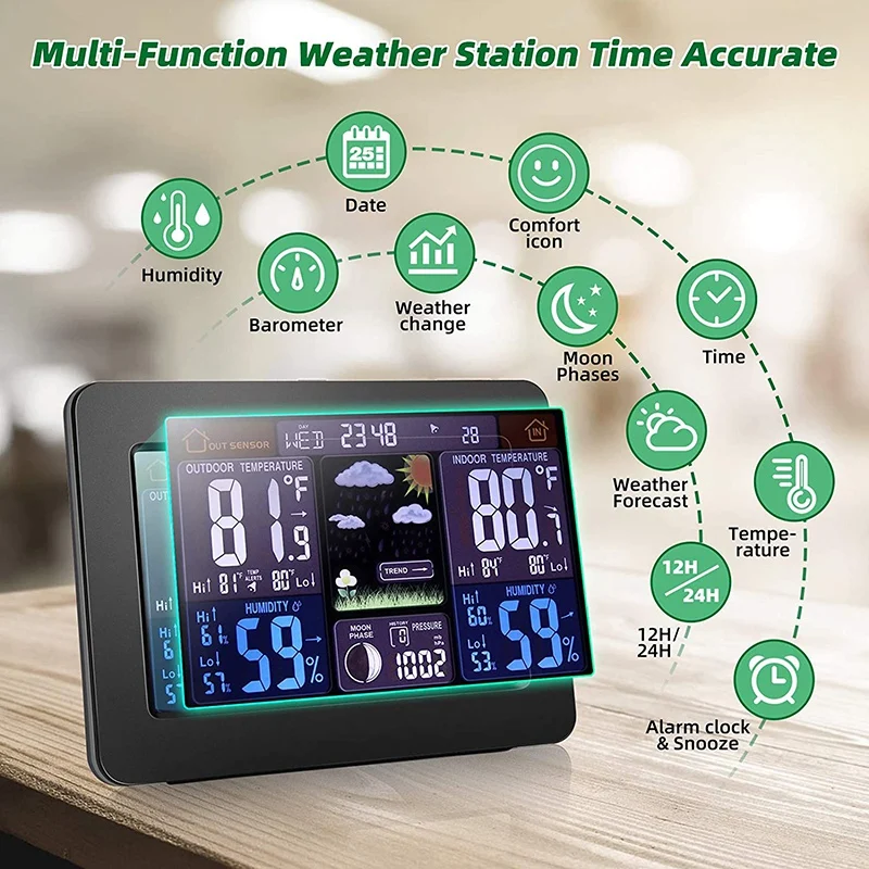 Digital Color Wireless Weather Station Thermometer Humidity Meter Sensor Clock 