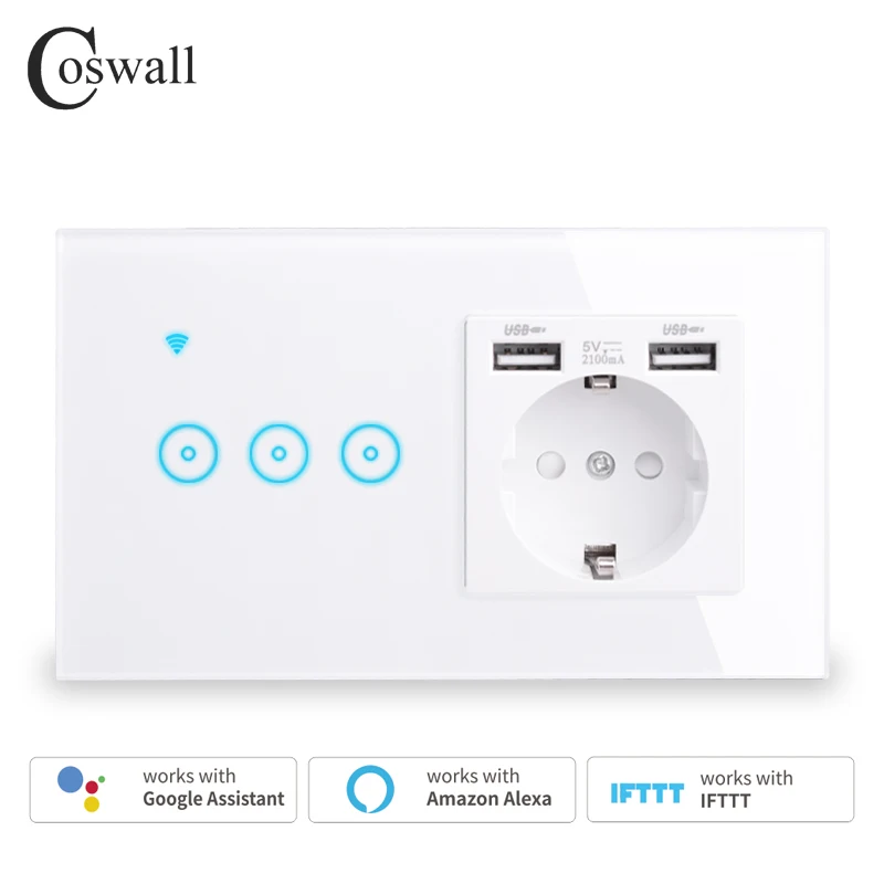 COSWALL EU Socket +2 USB Charging Port  Wifi Touch Wall Light Switch Work With Alexa Google Home IFTTT Tuya Smart Life EWelink