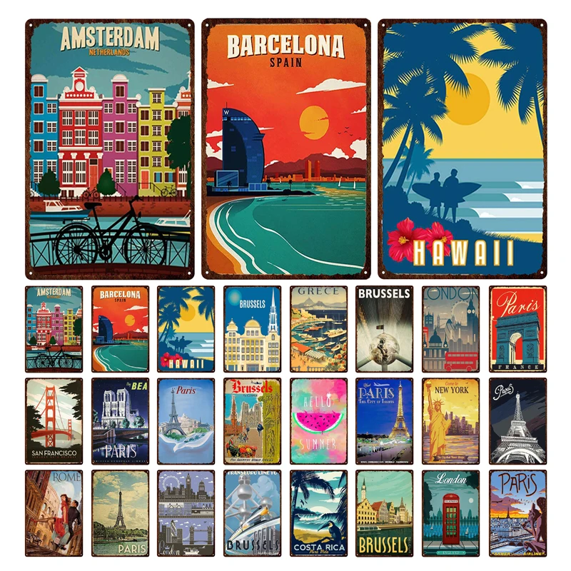 

Paris Amsterdam London Rome Iron Poster World Famous City Tourism Tin Sign Classic Architecture Retro Decorative Metal Painting