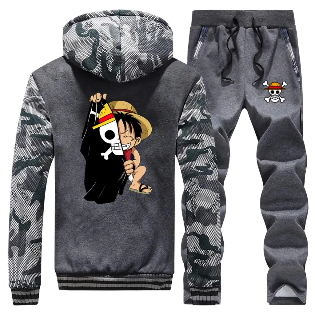 Цельный спортивный комплект Luffy, мужской осенний флисовый спортивный костюм, зимняя теплая одежда, горячая Распродажа, Мужская брендовая камуфляжная толстовка с капюшоном+ спортивные штаны