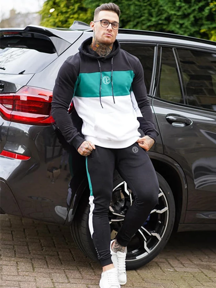 

Мужские спортивные костюмы в стиле пэчворк, пуловер с капюшоном для фитнеса, повседневные спортивные брюки, модная одежда для осени 2020