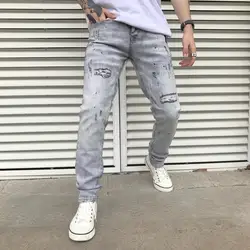 Модные мужские джинсы в стиле хип-хоп с заплатками в стиле ретро, мужские байкерские джинсы на молнии с дырками, рваные джинсы свободного