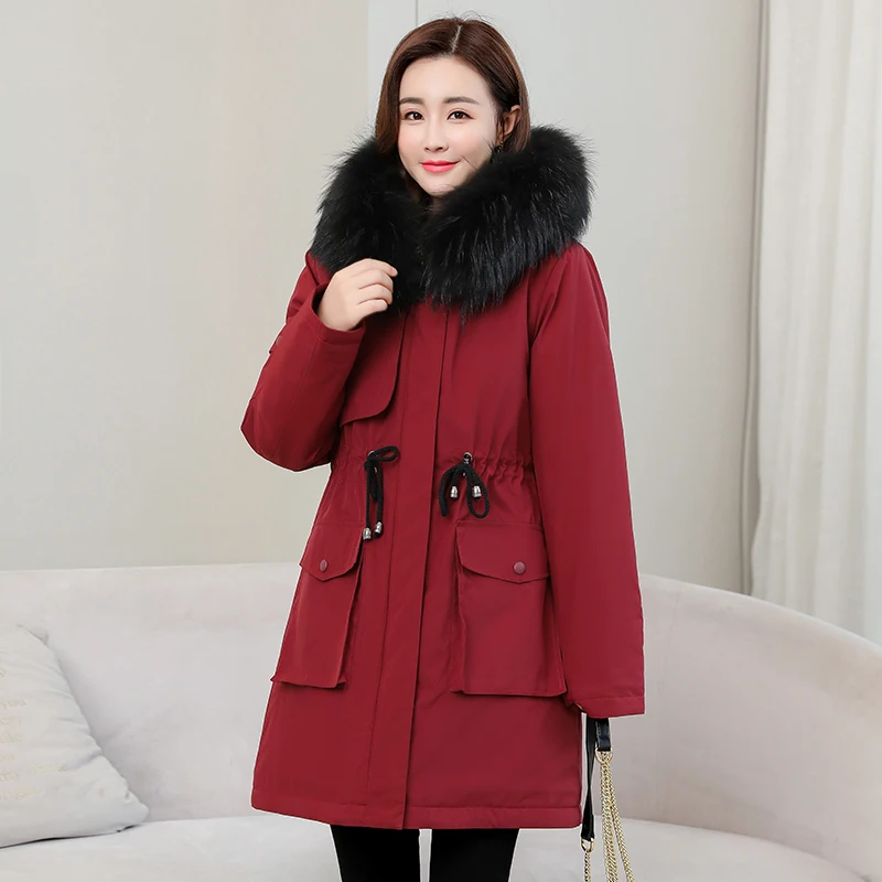 

2020 New Thick Warm Cotton Liner Parker Parkas Winter Jacket Women Office Lady Adjustable Waist Medium Long Hooded Parka Coat