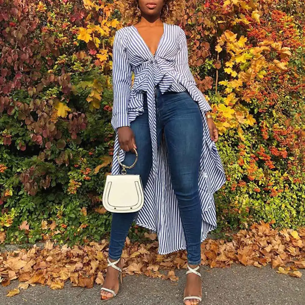 

Cotton Blends Blouse Office Lady Stripe Long Shirts Asymmetric Lace Up High Waist Female Tops Blouse African 2019 Shirts Blouses