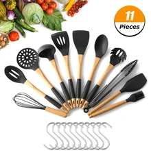 11 шт. инструменты для приготовления пищи натуральные деревянные ручки Пищевая силиконовая Тернер щипцы лопатка ложка для супа домашние гаджеты для кухни посуда набор