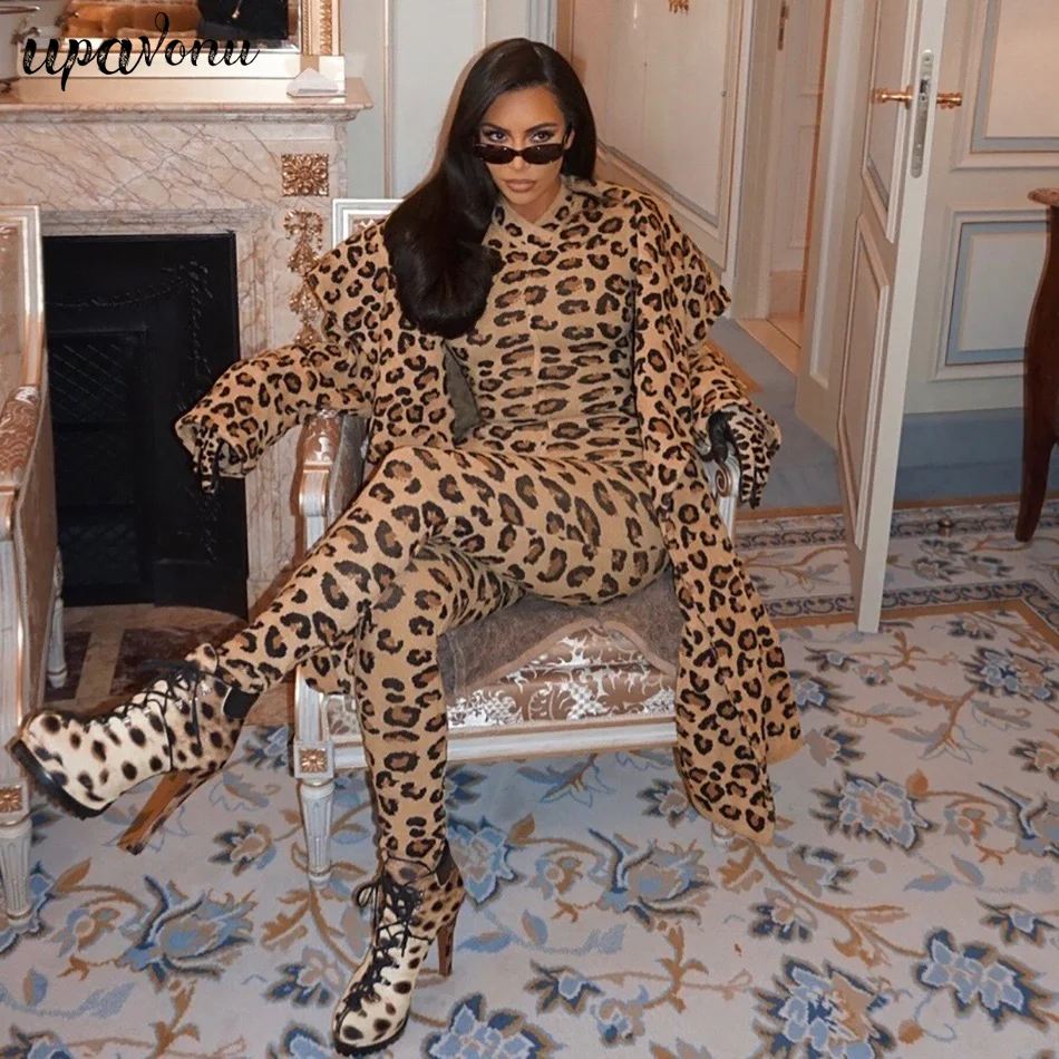 Женский Облегающий комбинезон с леопардовым принтом высоким воротником на
