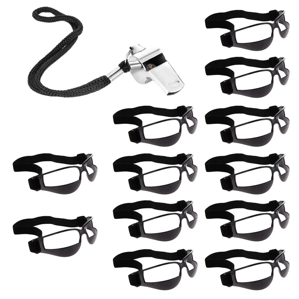 Pack 12 Adjustable Dribbling Glasses Goggles Dribble Specs + Safety Whistle Lanyard for Basketball Training Aid