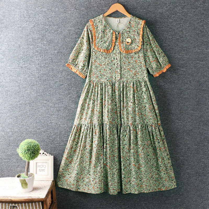 

Summer Mori Fresh Green Floral Dress Women Short Sleeve Casual Pockets Dresses