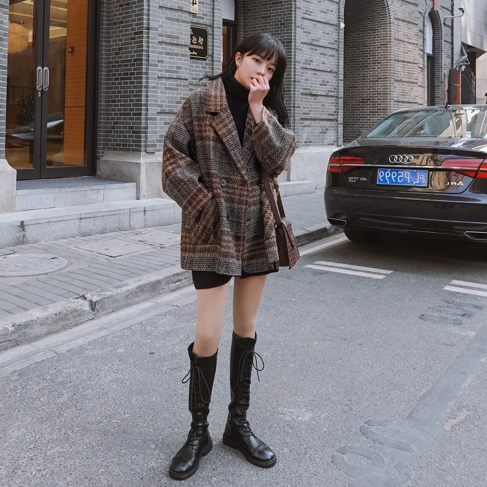 

Photo Shoot Mid-length Woolen Jacket 2020 Spring New Style WOMEN'S Dress Retro Laziness Style Pattern Suit Woolen Overcoat