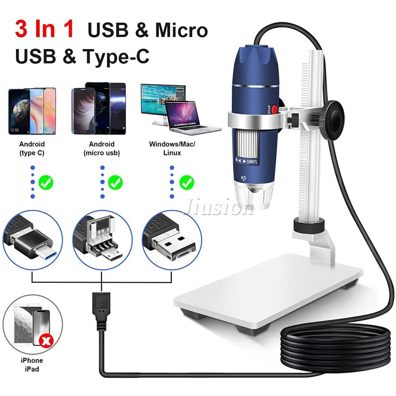 Microscope numérique USB, Endoscope de grossissement 40X-1000X Portable  Bysameyee, Microscope Digital 8 LED pour Windows 7/8/10 Mac Linux sous  Android (avec OTG) : : Commerce, Industrie et Science